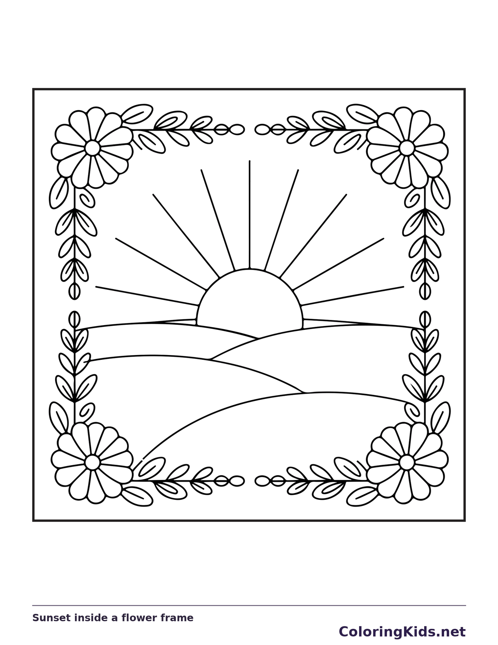 Black and white printable sunset inside a flower frame coloring sheet