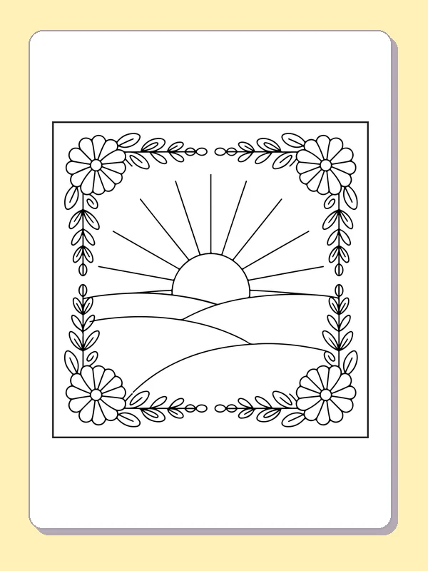 Black and white printable sunset inside a flower frame coloring sheet