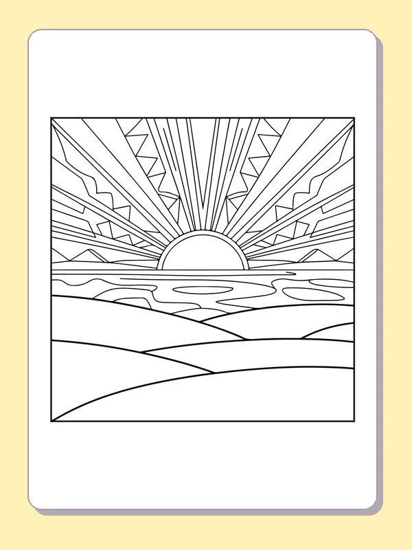 Black and white printable sunset over a patterned sea coloring sheet