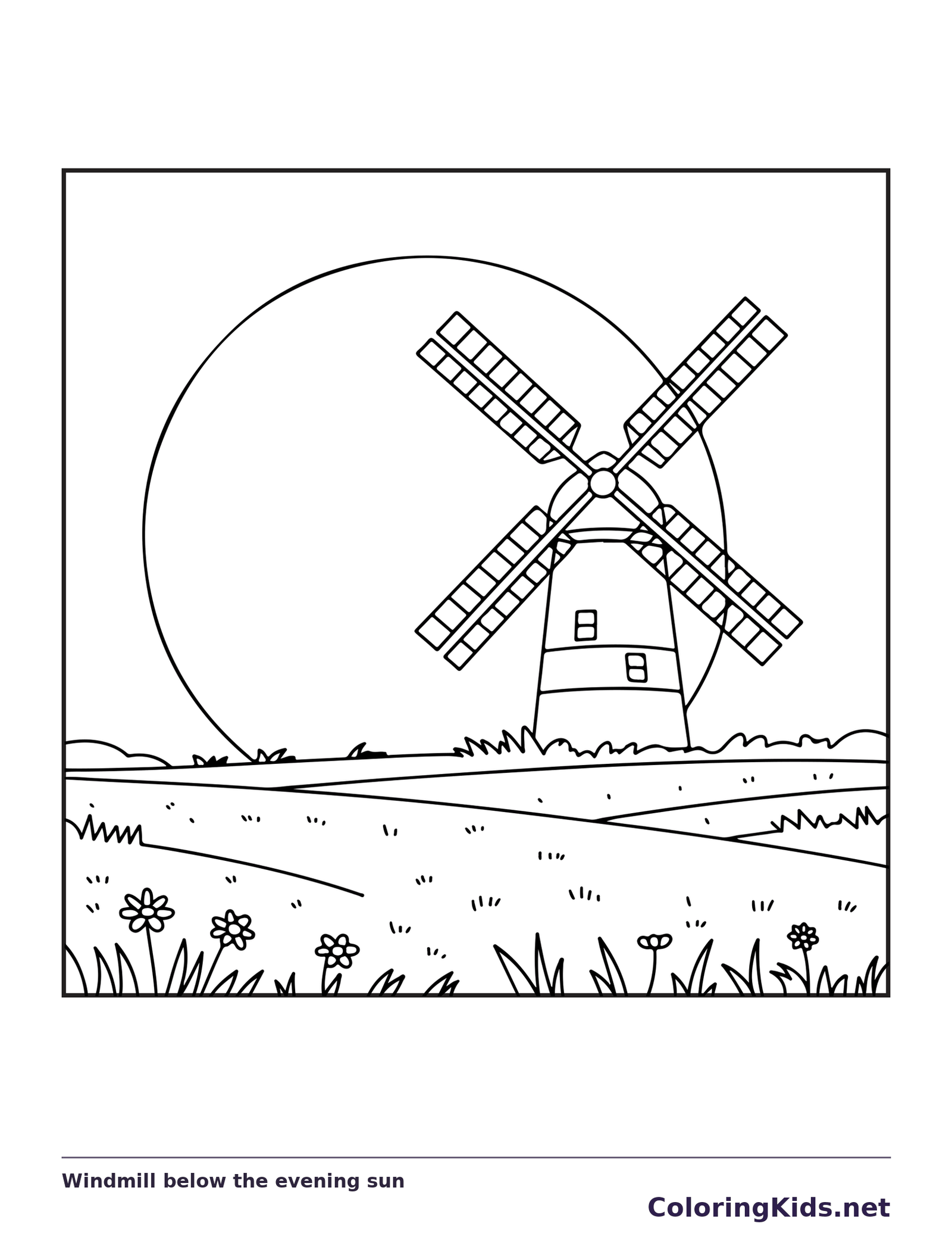 Black and white printable windmill below the evening sun coloring sheet