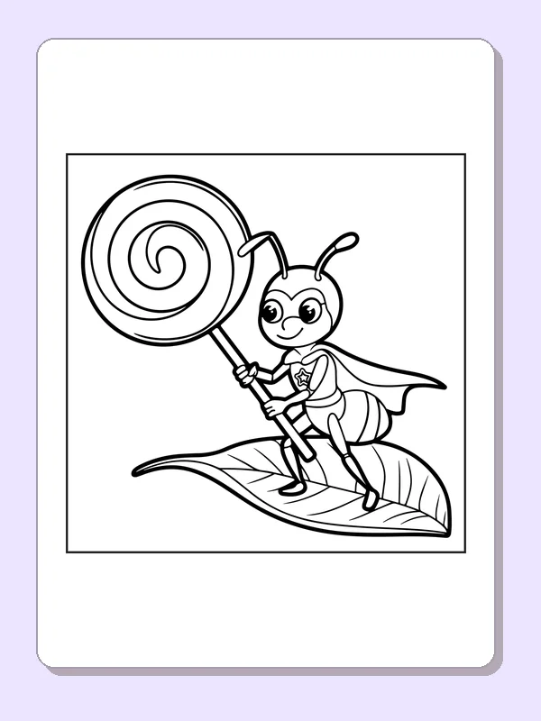 Black and white superhero coloring page: an ant in a cape balances a giant spiral lollipop while standing on a leaf