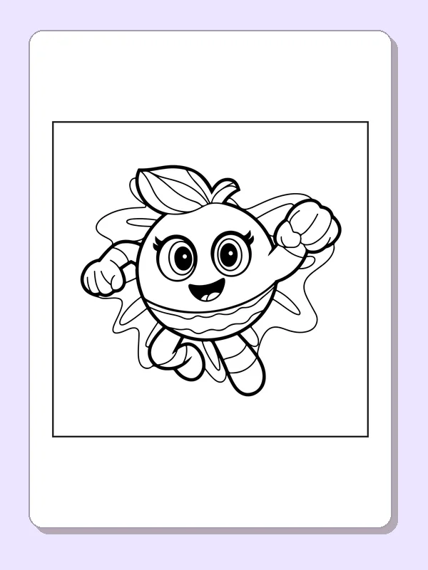 Black and white superhero coloring page: an apple-shaped hero lifts both fists beneath a cape