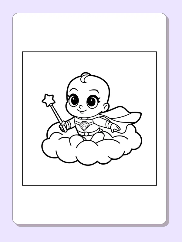 Black and white superhero coloring page: a baby in a cape sits on a cloud holding a star wand