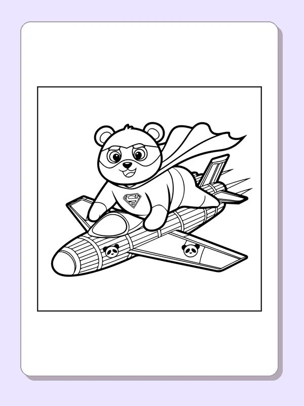 Black and white superhero coloring page: a helmeted bear flies a small plane with a cape trailing behind