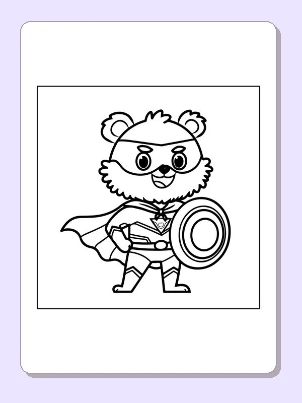 Black and white superhero coloring page: a masked bear stands in a cape holding a round shield