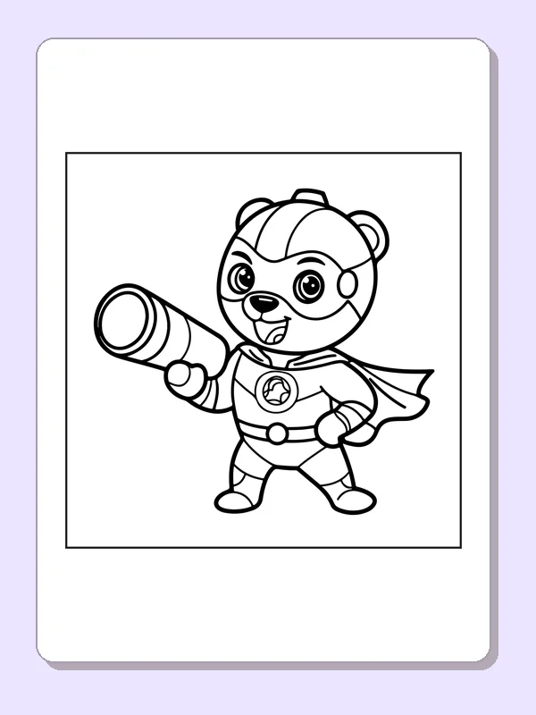 Black and white superhero coloring page: a caped bear holds a large telescope while standing in a round helmet