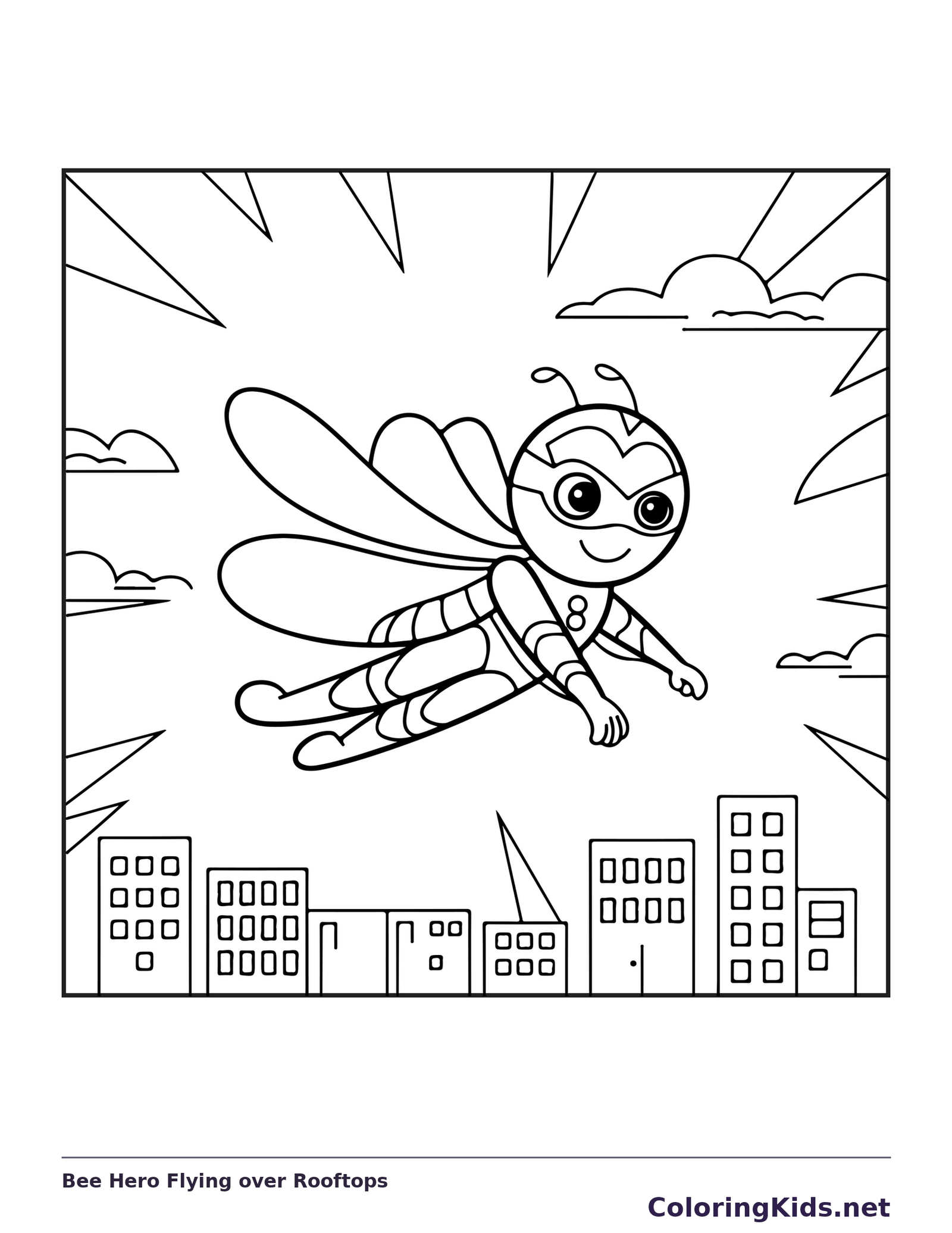 Black and white superhero coloring page: a masked bee hero flies above city rooftops under broad sunrays