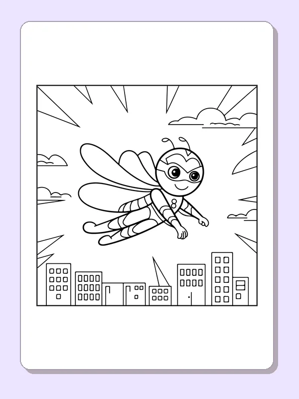 Black and white superhero coloring page: a masked bee hero flies above city rooftops under broad sunrays