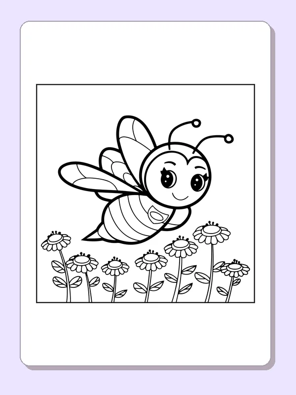 Black and white superhero coloring page: a caped bee flies above a row of daisy-like flowers