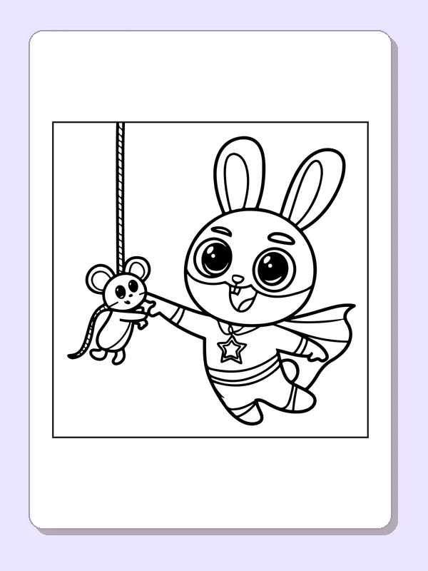 Black and white superhero coloring page with a caped bunny holding a little mouse beside a rope