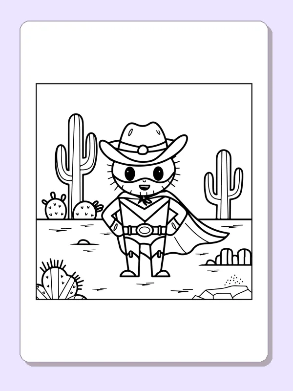 Black and white superhero coloring page: a cactus hero wears a mask, hat and cape between desert plants