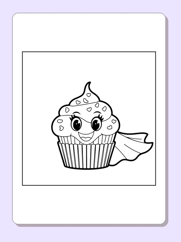 Black and white superhero coloring page: a cupcake with a smiling face wears a tiny cape
