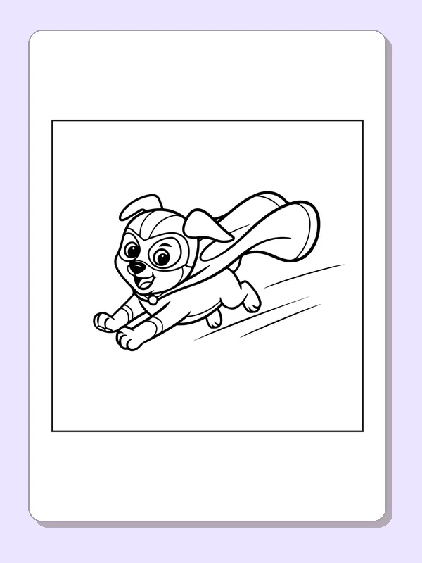 Black and white superhero coloring page: a caped dog bounds forward through a plain background