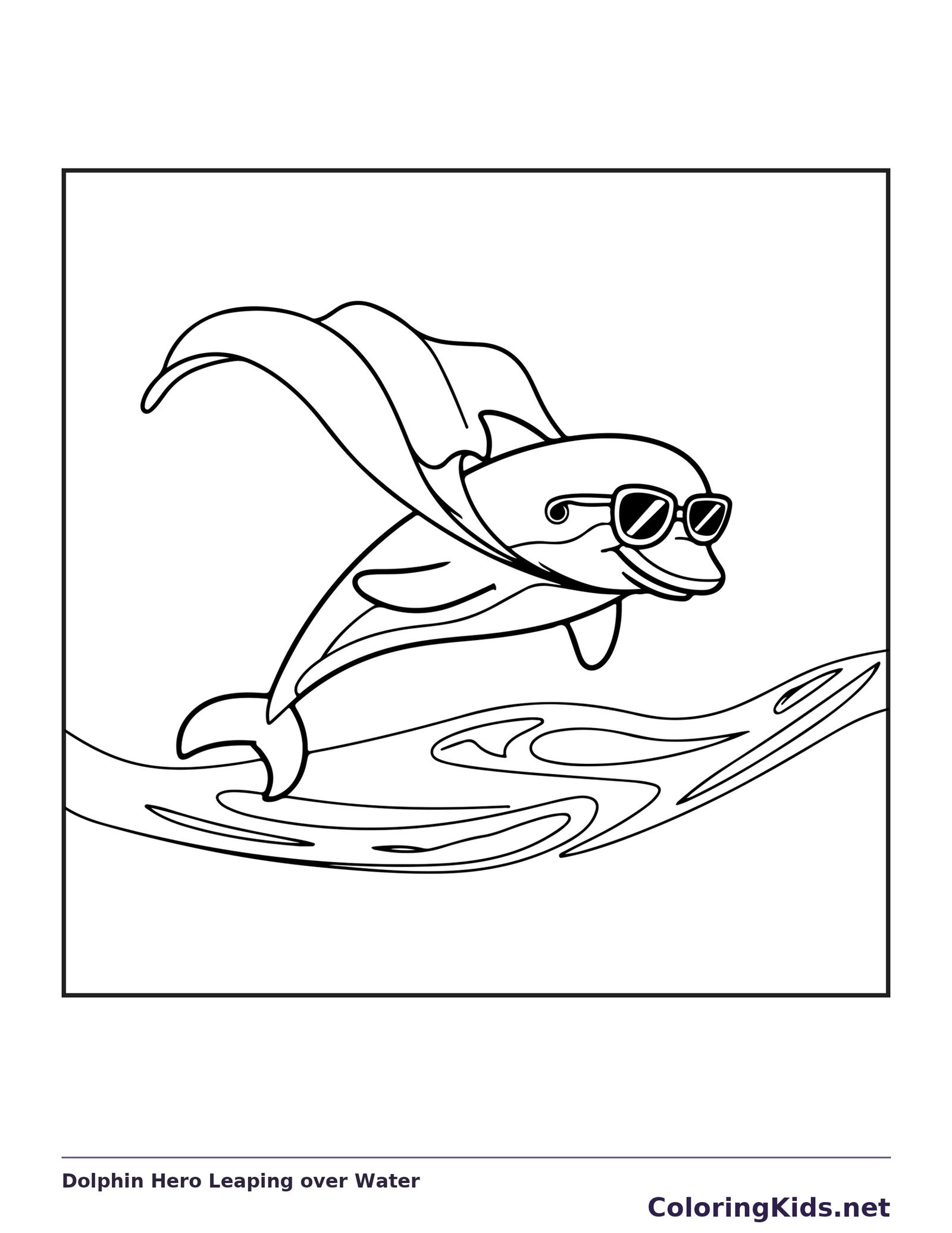 Black and white superhero coloring page: a sunglass-wearing dolphin jumps from the sea in a flowing cape