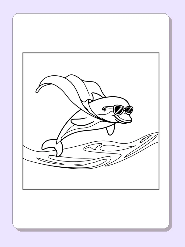 Black and white superhero coloring page: a sunglass-wearing dolphin jumps from the sea in a flowing cape