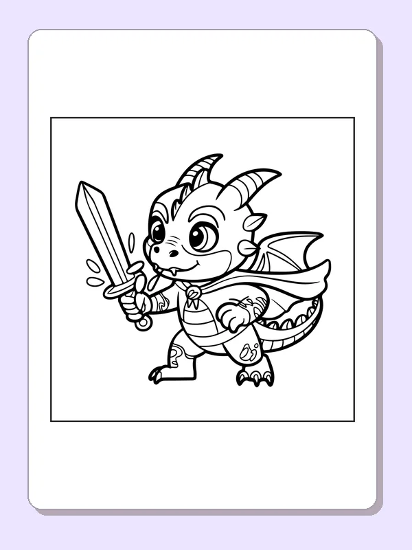 Black and white superhero coloring page: a smiling dragon carries a sword, shield and cape in a simple heroic pose