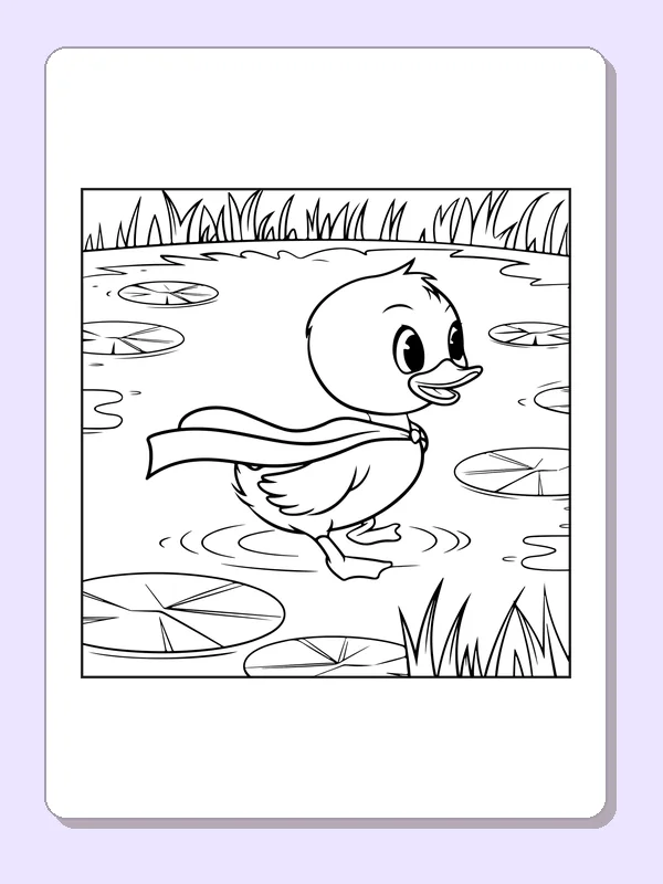 Black and white superhero coloring page: a young duck wears a cape while paddling among lily pads