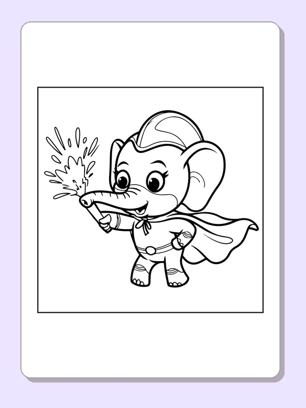 Black and white superhero coloring page: a small elephant in a cape points a wand that sends out sparks