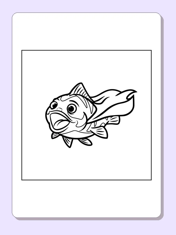 Black and white superhero coloring page: a wide-eyed fish swims ahead in a flying cape