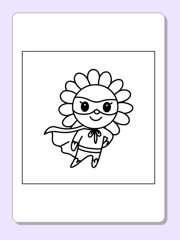 Black and white superhero coloring page: a smiling flower stands in a mask and small cape