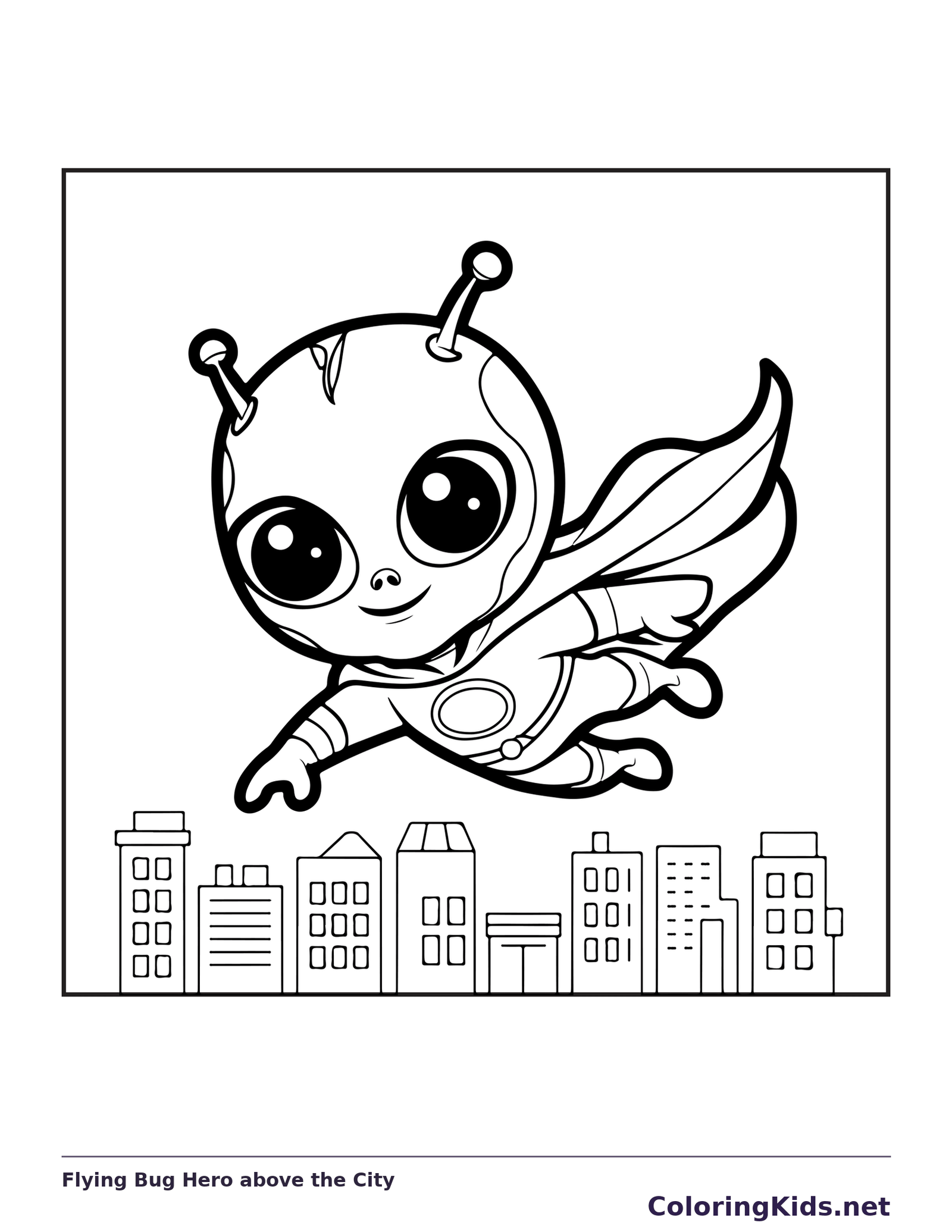 Black and white superhero coloring page: a tiny caped bug flies over blocks of city buildings