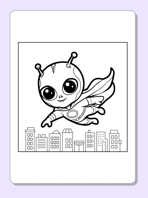 Black and white superhero coloring page: a tiny caped bug flies over blocks of city buildings