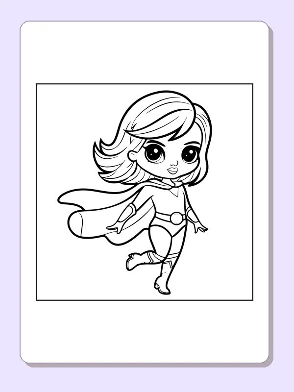 Black and white superhero coloring page: a short-haired hero floats in a cape against a plain background