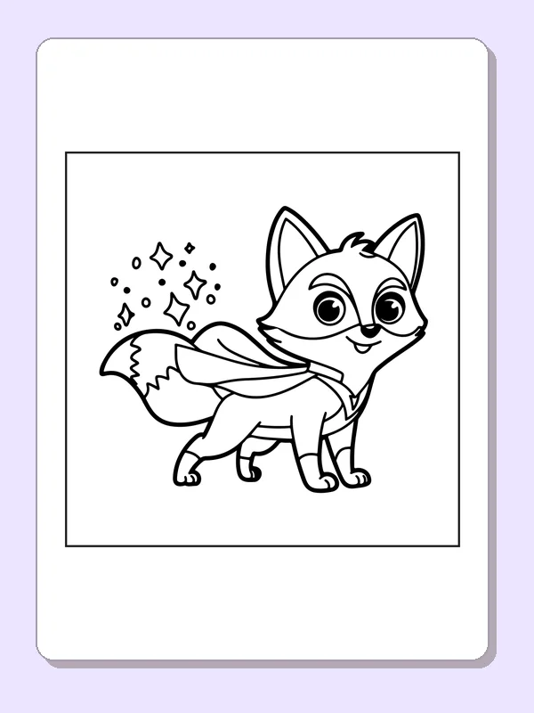 Black and white superhero coloring page: a caped fox walks past a scatter of tiny sparkles