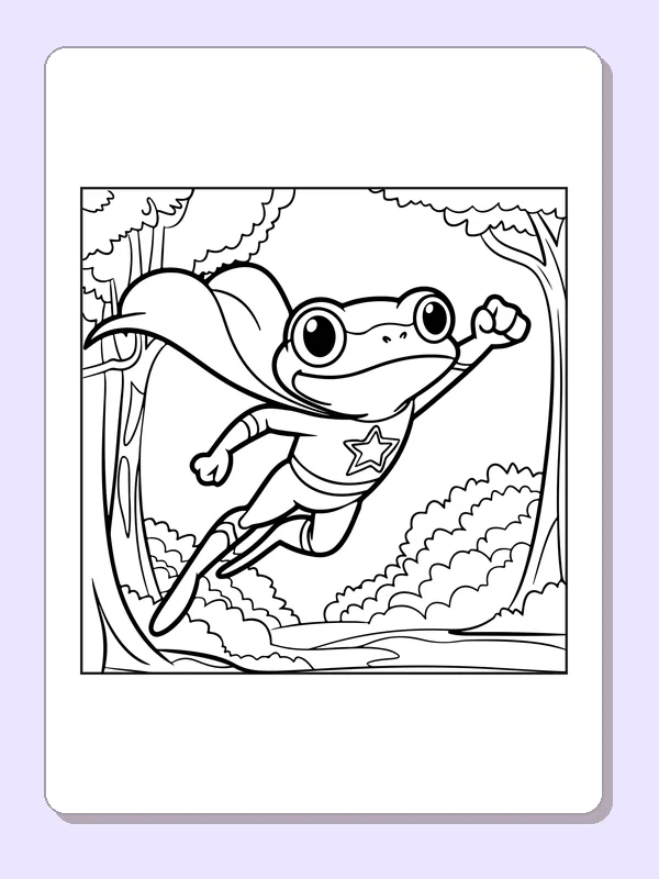 Black and white superhero coloring page: a frog in a cape leaps with one fist raised between trees