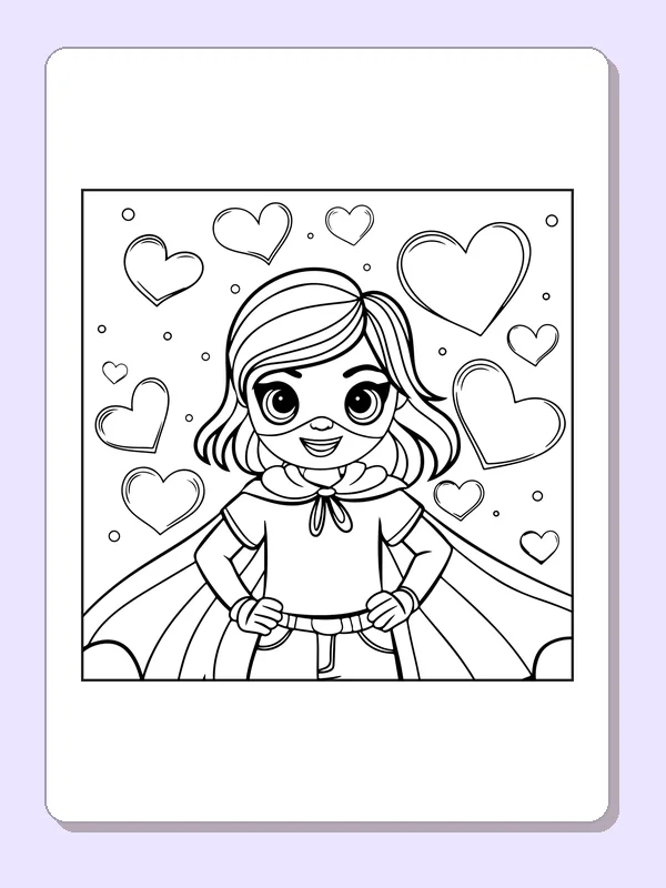 Black and white superhero coloring page: a smiling caped girl stands among floating hearts