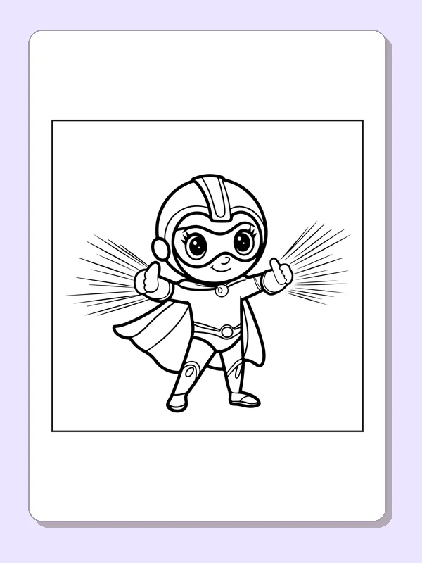 Black and white superhero coloring page: a helmeted hero stretches both arms as rays stream from the hands