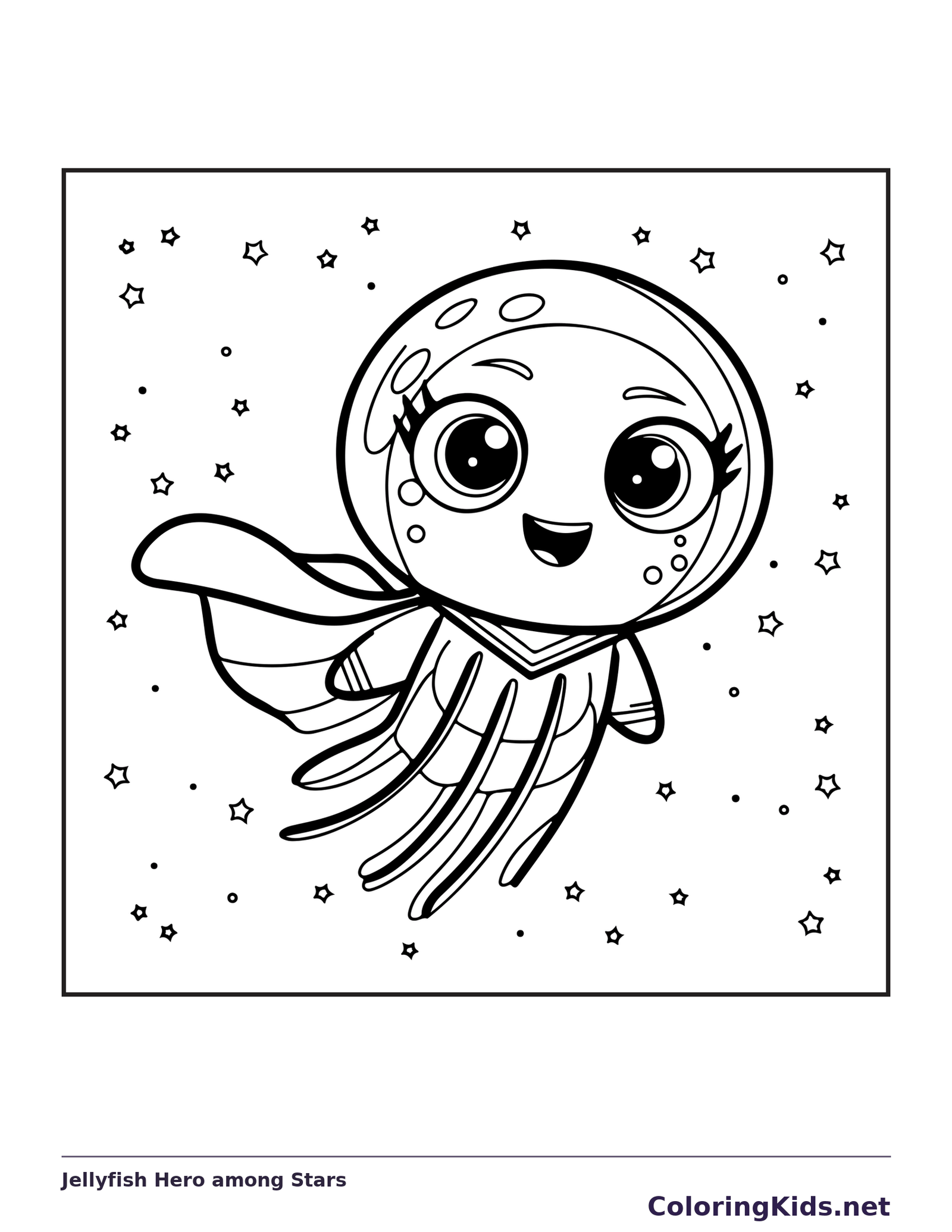 Black and white superhero coloring page: a smiling jellyfish wears a cape in a sky filled with tiny stars