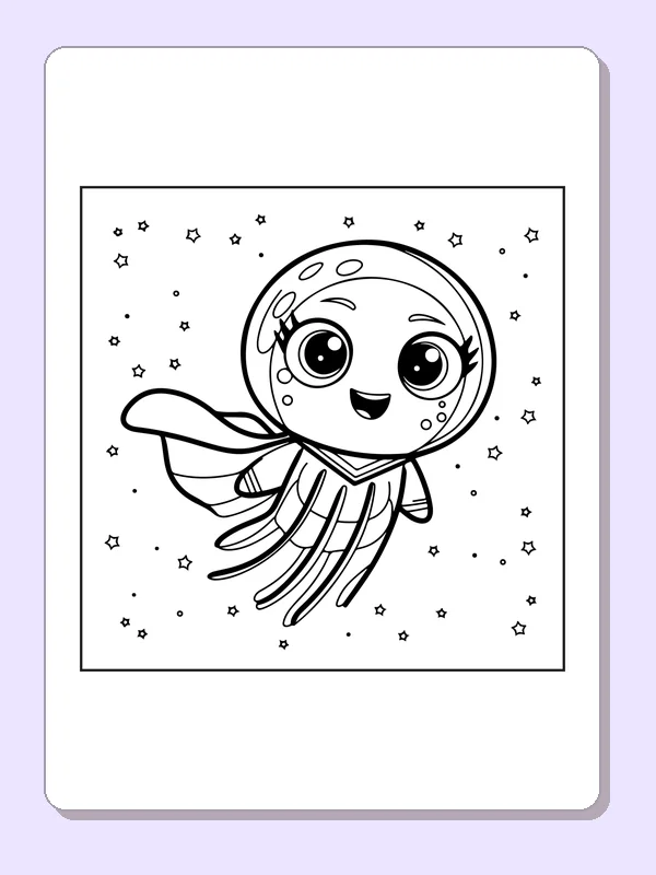Black and white superhero coloring page: a smiling jellyfish wears a cape in a sky filled with tiny stars