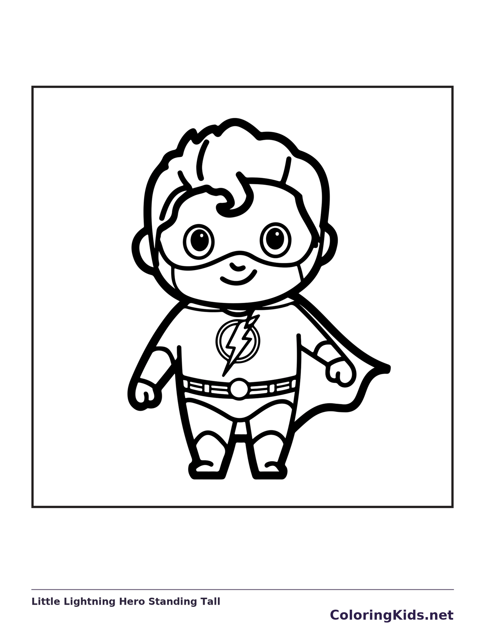 Black and white superhero coloring page: a small caped hero wears a lightning badge and stands ready