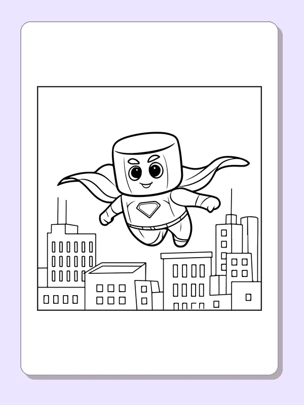 Black and white superhero coloring page: a square marshmallow hero flies over buildings in a cape