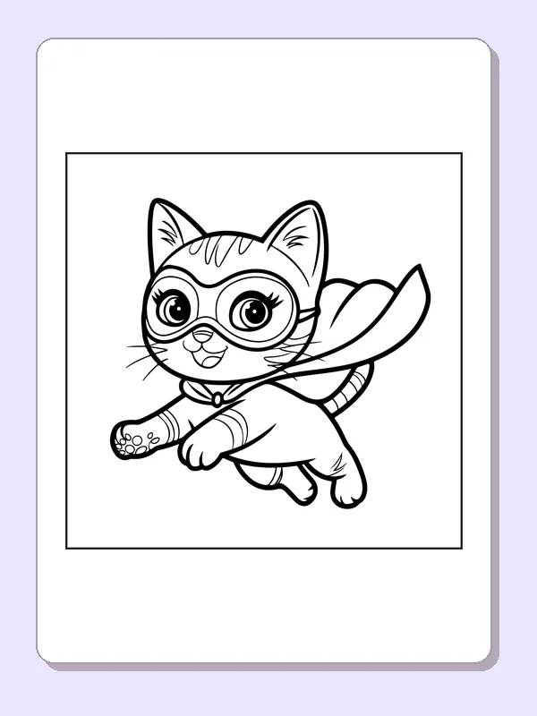 Black and white superhero coloring page: a cat in a mask and cape leaps toward the viewer