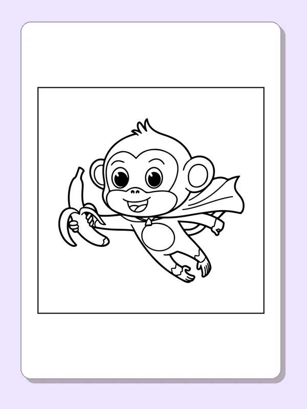 Black and white superhero coloring page: a monkey flies with a banana in one hand and a cape behind