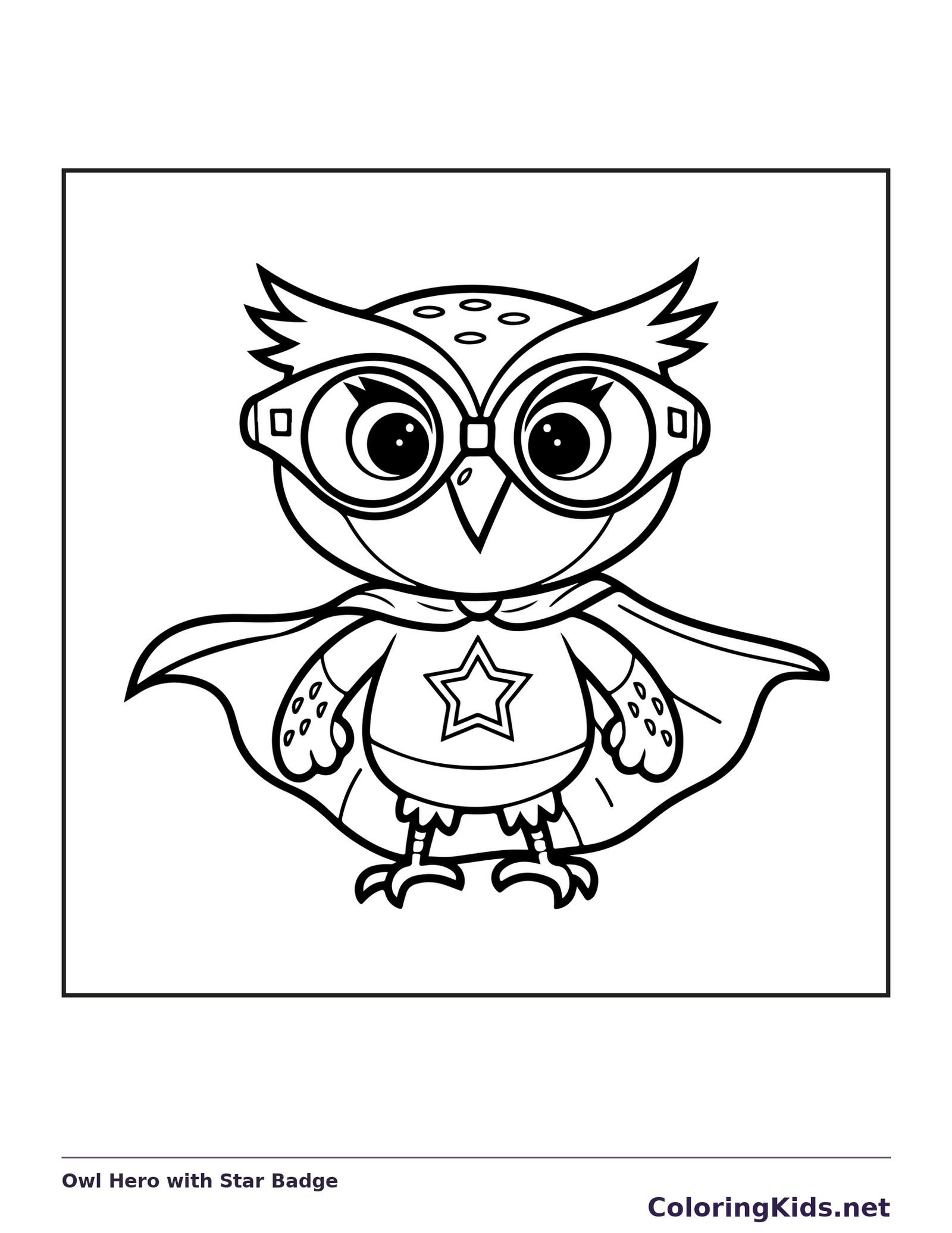 Black and white superhero coloring page: an owl in a mask and cape stands with a star badge on its chest