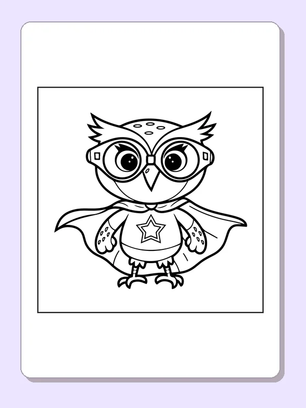 Black and white superhero coloring page: an owl in a mask and cape stands with a star badge on its chest