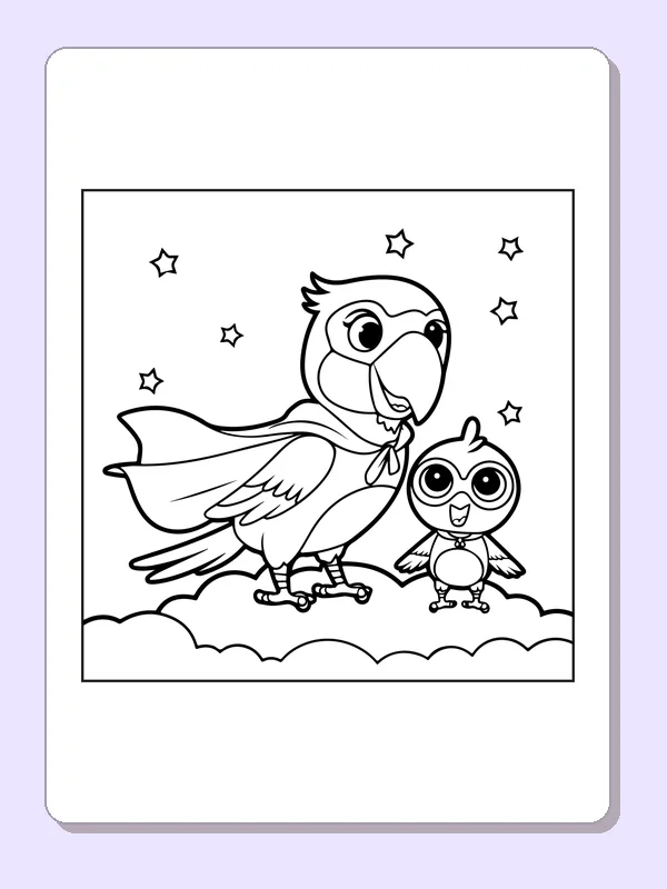 Black and white superhero coloring page: two birds in capes stand together on fluffy clouds