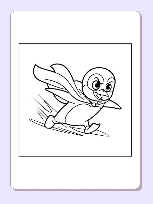 Black and white superhero coloring page: a penguin in a cape slides across a plain ground