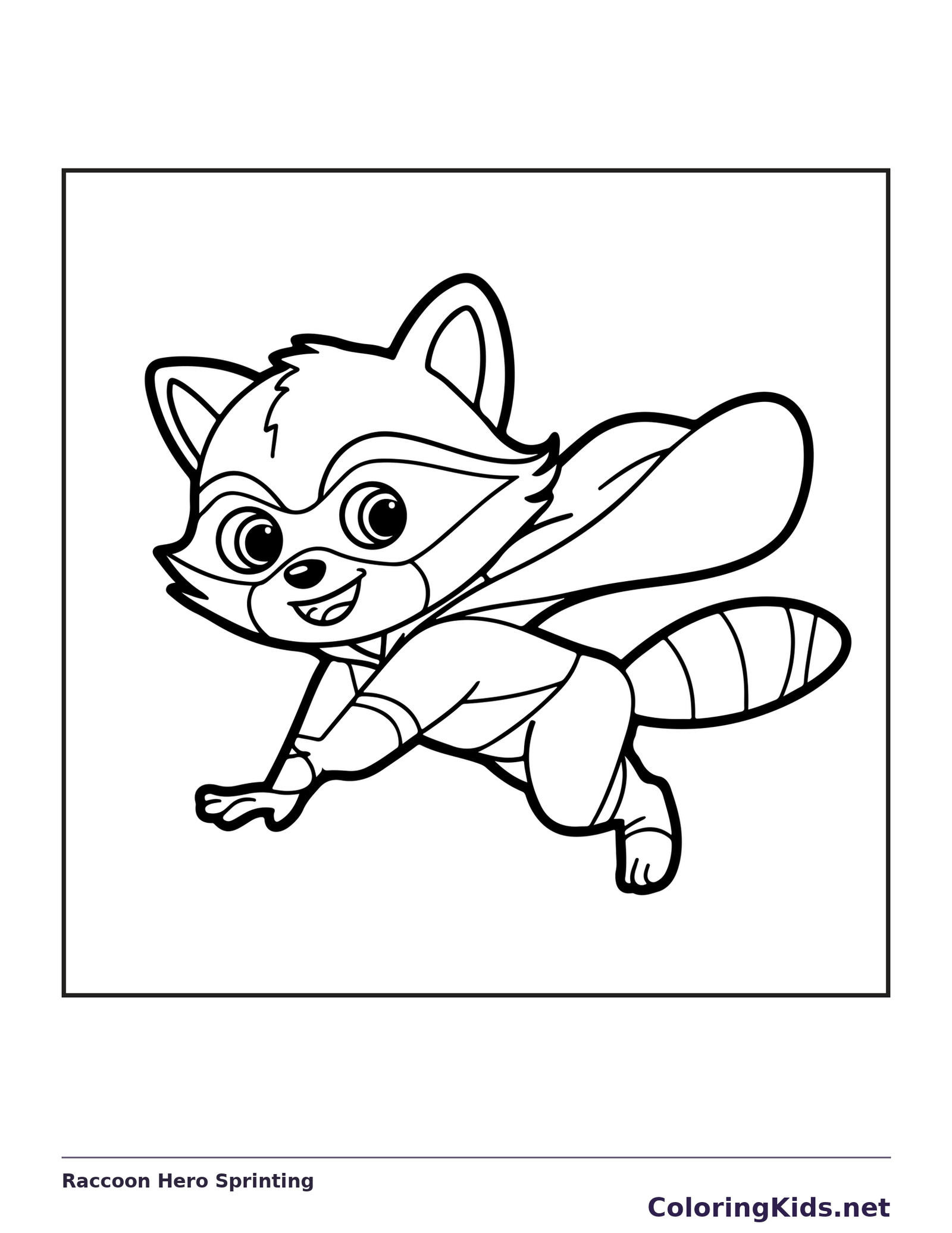 Black and white superhero coloring page: a raccoon in a mask runs forward with its cape and tail sweeping back