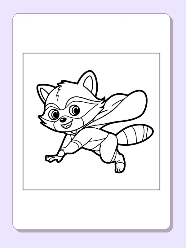 Black and white superhero coloring page: a raccoon in a mask runs forward with its cape and tail sweeping back