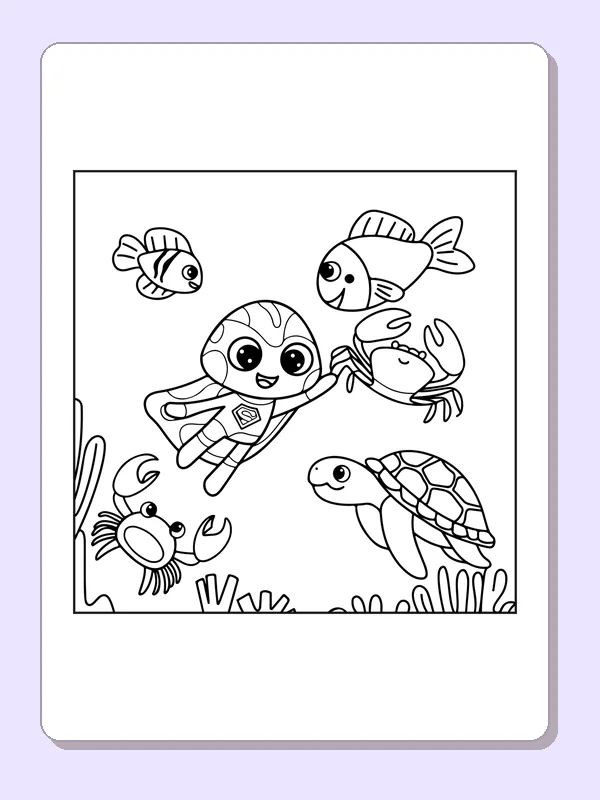 Black and white superhero coloring page: a caped turtle swims with fish and a crab under the sea