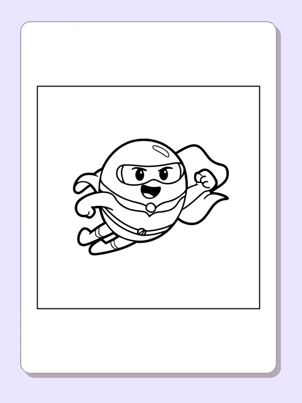 Black and white superhero coloring page: a round seal in a mask and cape glides through open space