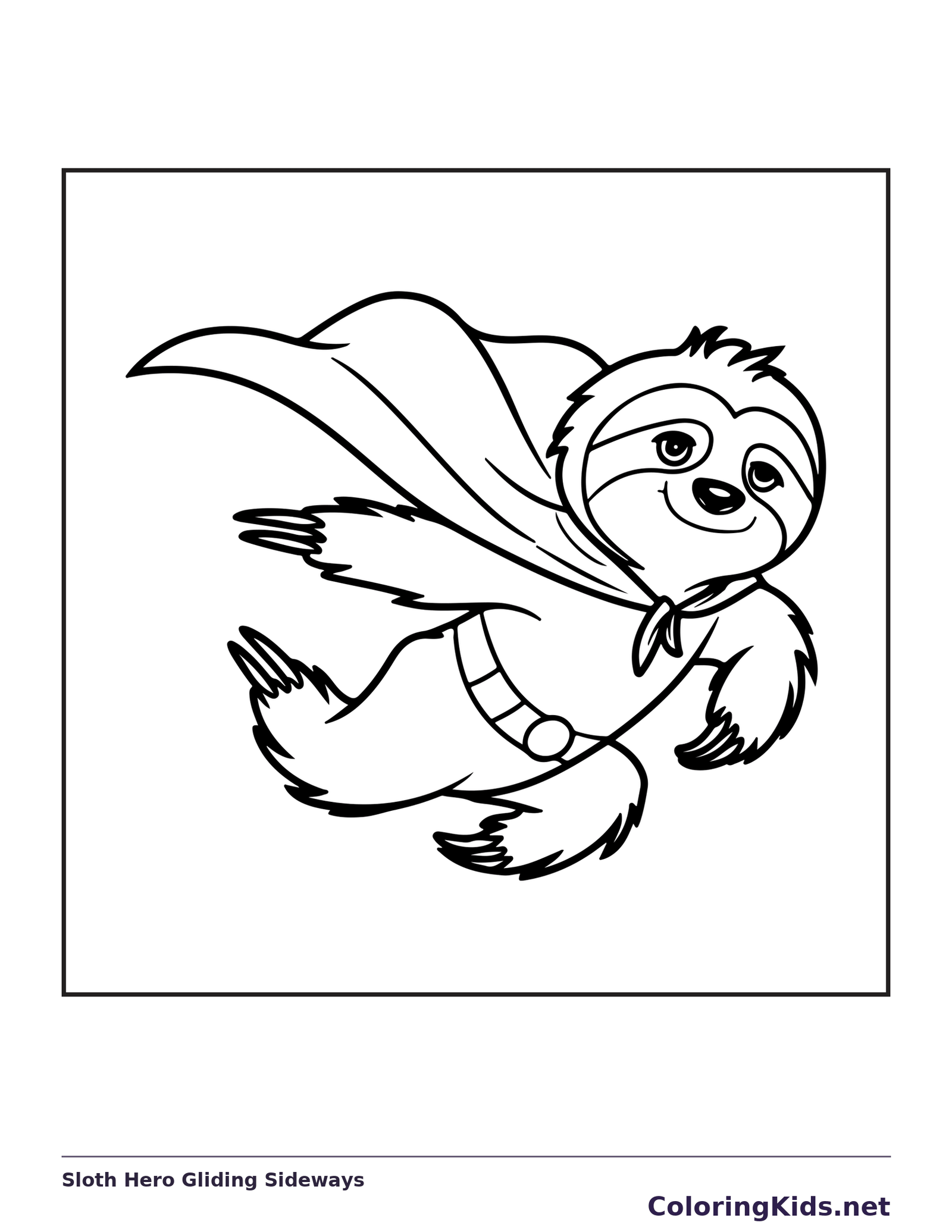 Black and white superhero coloring page: a sloth in a mask glides with a cape spread behind it