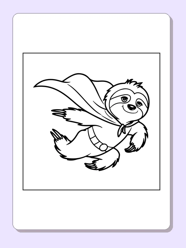 Black and white superhero coloring page: a sloth in a mask glides with a cape spread behind it