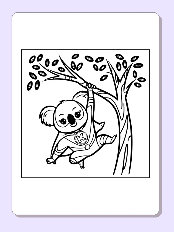 Black and white superhero coloring page: a caped sloth hangs by one paw from a leafy branch