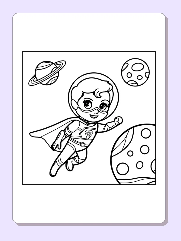 Black and white superhero coloring page: a caped child glides between large planets and a ringed world