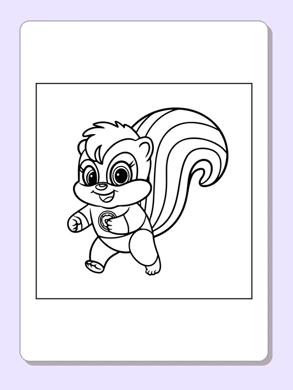 Black and white superhero coloring page: a smiling squirrel stands in a mask and cape with a curling tail